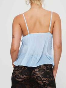 Women's Pleated Camisole Mini Bowknot Front Spaghetti Strap V-Neck Lace Cropped Tops - Blue - View 8