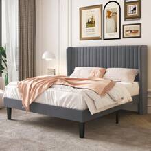 SHA CERLIN Full/Queen/King Size Velvet Bed Frame With Vertical Channel Tufted Wingback Headboard, Upholstered Platform Bed With Wood Slats, No Box Spring Needed, Easy Assembly, Teal|White|Black|Blue|Green|Teal * Bed Frame Queen Queen Bed Frame Bed Frame Full Full Size Bed Frame King Size Bed Frame Twin Bed Frame Room Decor Home Decor Christmas Decor Bedroom Decor Valentine Day Decor Storage Living Room Decor Furniture House Decor - 灰色 - 查看 1