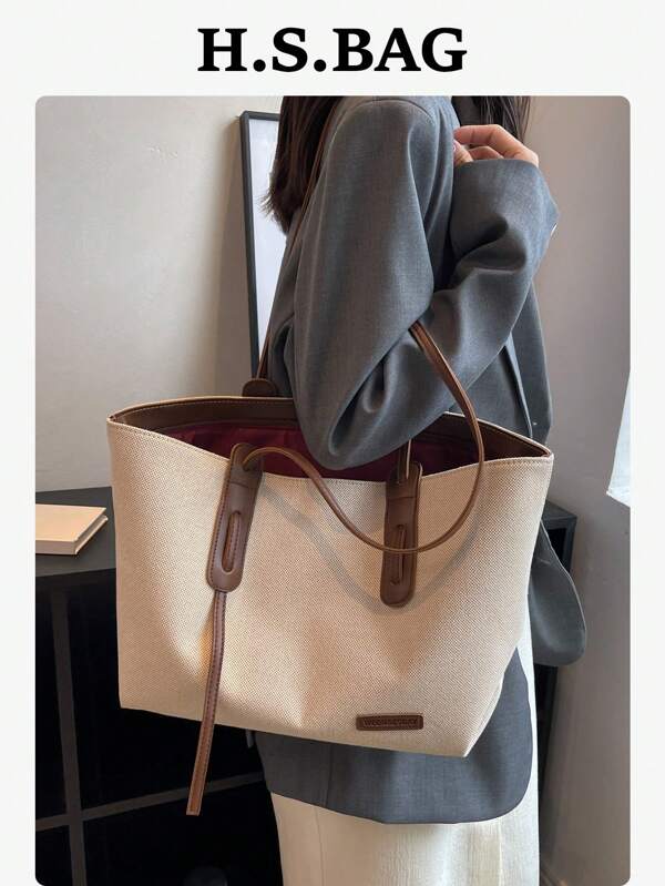 1pc Beige & Brown PU Leather Fashionable Simple Large Capacity Color Block Zipper Closure Women Tote Bag, Suitable For Daily Commute, Work, School, Casual, Versatile Shoulder Bag, Shopping Bag, Short Trip, Literary School Bag & Bookbag For Women Or Students, Perfect For Books, Shopping, Back To School And More