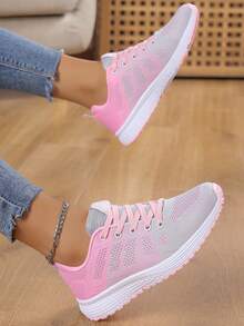 Women's Lightweight Mesh Breathable Lace Trim Front Tie Road Running Sneakers, Suitable For All Seasons - Pink - View 5