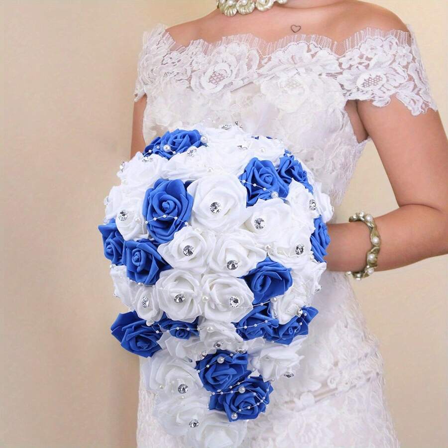 1Pc Bridal Bouquets For Wedding, Simulation Rose Diamonds Pearl Bride Wedding Bouquet, Romantic Wedding Party Decoration Confession