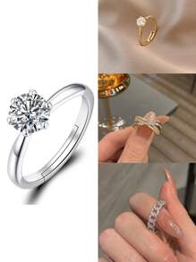 1pc Women's Party Jewelry Adjustable Rhinestone Plated Gold Luxury Ring, Suitable As Valentine's Day, Wedding, Anniversary, Party, Date Gift - Multicolor - View 1