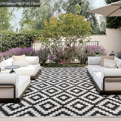 防水户外地毯 9x12 英尺，可翻转塑料草编露台地毯，适合露营、房车户外垫、室内户外地毯，适合门廊、甲板、后院、露营车、阳台、野餐，黑色和白色