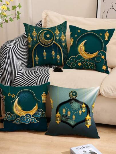 1 件方形金色月亮和星星六角形灯笼系列装饰抱枕套，17.7 英寸/45 厘米亚麻拉链，搭配深绿色，适合装饰客厅沙发、休息区、座椅靠背垫，非常适合节日派对用品、家居装饰
