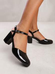 Where’s That From GUELDER WIDE FIT ROUND TOE MID BLOCK HEEL WITH STRAP - Black Patent - View 1