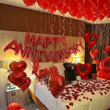 Valentine's Day Decoration Polyester Foil Balloons, Red Heart-Shaped Balloons, HAPPY ANNIVERSARY Letter Banner, Romantic Love Decorations, Red, Silver, Blue, Pink, Rose Gold, Gold, Suitable For Valentine's Day, Bride Wedding, Engagement, Proposal, Bridal Shower - HAPPY ANNIVERSARY - View 5