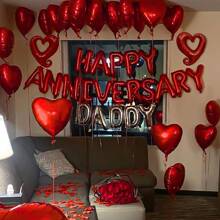 Valentine's Day Decoration Polyester Foil Balloons, Red Heart-Shaped Balloons, HAPPY ANNIVERSARY Letter Banner, Romantic Love Decorations, Red, Silver, Blue, Pink, Rose Gold, Gold, Suitable For Valentine's Day, Bride Wedding, Engagement, Proposal, Bridal Shower - HAPPY ANNIVERSARY - View 6