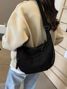 1pc Solid Color Corduroy Crescent Canvas Bag, Minimalist Lightweight Foldable Canvas Bag With Multi-Pockets, Zipper Closure Shoulder Bag, Suitable For Summer Casual, Commuting, Sports, College Style, Street Style And Travel - Black - View 6