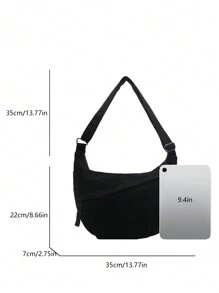 1pc Solid Color Corduroy Crescent Canvas Bag, Minimalist Lightweight Foldable Canvas Bag With Multi-Pockets, Zipper Closure Shoulder Bag, Suitable For Summer Casual, Commuting, Sports, College Style, Street Style And Travel - Black - View 7