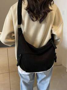 1pc Solid Color Corduroy Crescent Canvas Bag, Minimalist Lightweight Foldable Canvas Bag With Multi-Pockets, Zipper Closure Shoulder Bag, Suitable For Summer Casual, Commuting, Sports, College Style, Street Style And Travel - Black - View 5