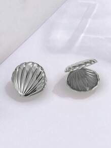 2pcs Romantic French Style Alloy Seashell Shaped 3d & Double-Sided Texture Ear Studs/Hoops/Decorations, Suitable For Ladies' Daily Wear - Shell Earrings - View 12