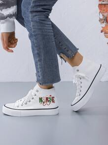 Women's Creative Christmas Graphic Mid-Top Flat Canvas Sneakers, Simple Design, White Canvas Material, Casual Daily Wear