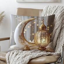 1件斋月简约金色新月灯笼装饰抱枕套，单面柔软桃皮绒面料，45*45厘米/50*50厘米/40*40厘米，适用于现代布艺沙发、室内装饰、派对装饰、礼品 - 彩色 - 查看 3