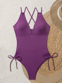 女士交叉后背连体泳衣