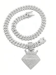 2 pièces Chaîne de 13 mm avec pendentif diamant en forme de couronne, collier bling pailleté hip hop pour hommes et femmes, coffret cadeau inclus