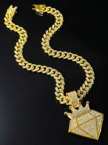 2 pièces Chaîne de 13 mm avec pendentif diamant en forme de couronne, collier bling pailleté hip hop pour hommes et femmes, coffret cadeau inclus