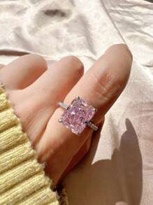 1 Pc 4 Ct High Shine Radiance Icicle Cut Square White Gold Pink High Carbonite Ring, S925 Sterling Silver Gorgeous, Elegant And Romantic Women's Rings, Delicate And Unique Design, Suitable For Prom, Wedding Anniversary And Other Occasions, Exquisite Women's Jewelry Gifts - Silver - View 3