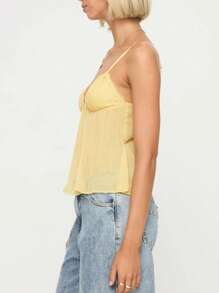 Women's Pleated Camisole Mini Bowknot Front Spaghetti Strap V-Neck Lace Cropped Tops