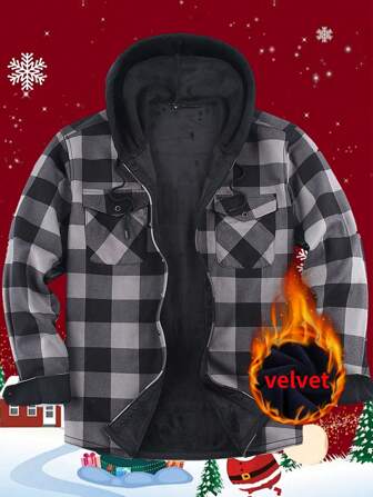 1pc Thickened Thermal Lined Hooded Plaid Long Sleeve Button-Up Casual Shacket, Warm Winter Business Wear For Men, For Fall, Thermal Lined