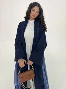 1pc Elegant Casual Solid Color Polyester Splice Hem Long Cardigan, Sophisticated Craftsmanship, Graceful & Stylish Abaya Outerwear
