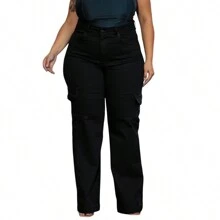 Women's Wide Leg Black Jeans With Pocket Cargo Plus Size - 黑色 - 查看 2