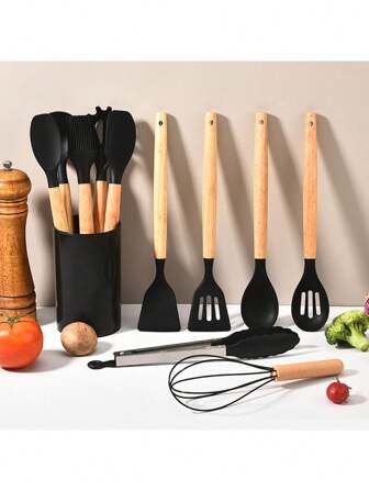 12 Pcs Silicone And Wooden Handle Cookware Set With Storage Bin, Heat-Resistant Cookware, Wooden Handle Silicone Cookware Set, Non Stick Cookware Kitchen Tools Including Scraper, Pliers, Mixing Spoon, Slotted Spoon, Kitchen Supplies, Kitchen Accessories, Household Kitchen Supplies