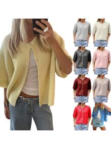 Women's Solid Color 1 Piece Cardigan Short Sleeve Round Neck Button Down Sweater Knit Tops - 藍色 - 查看 2