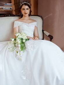 Robe de mariée Empire à l'épaule dénudée avec appliqués perlés élégants (jupon non inclus), robe de mariée pour la mariée