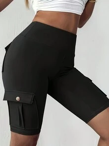 Plus Size Women Solid Color Pocket Design Sports Yoga Shorts - Black - View 3