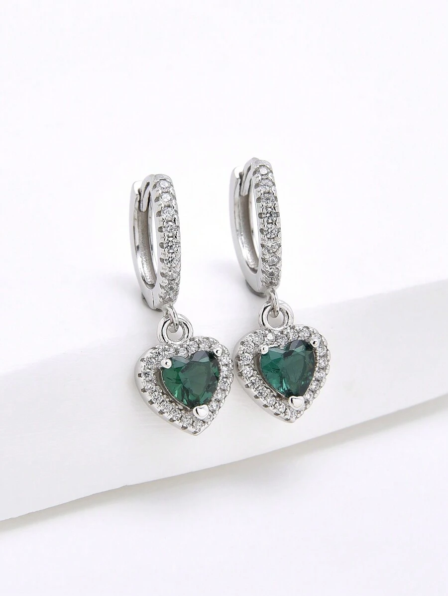 1 Pair Elegant Heart Shaped Green Cubic Zirconia 925 Sterling Silver Earrings For Women Valentines - Silver - View 1