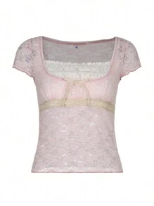 Women Summer T-Shirt, Lace Splicing Square-Neck Short Sleeve Crop Tops Camisole For Girls, S/M/L, Pink