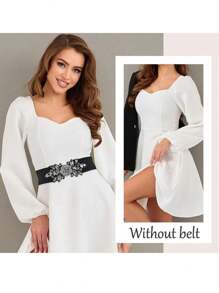 1pc White Rose With Rhinestones Decorative Elastic Waist Belt, Elegant Fashion Accessory For Dresses And Down Jackets Summer, School Fall, Autumn, Halloween