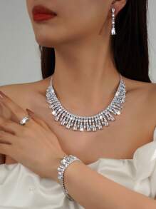 5pcs Set Luxury Square Cubic Zirconia Jewelry Set With Shiny Tassel, Including Necklace, Earrings, Ring, Bracelet, Suitable For Women, Wedding, Party, Birthday, Formal Dress Accessories