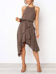 Graduation Womens Polka Dot Tie Waist Irregular Cocktail Midi Dresses Sleeveless Halter Neck Sexy Sundress - 咖啡棕 - 查看 2
