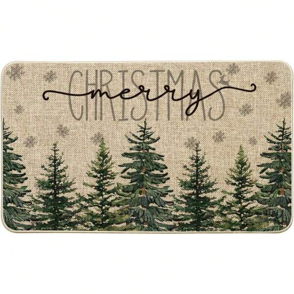 Front Door Mat Indoor Entrance Door Mats Doormat 30" X 18" Pine Trees Snowflakes Merry Welcome Decoration Doormat, Seasonal Winter Xmas Low-Profile Rug Switch Mat For Outdoor 17 X 29 Inch