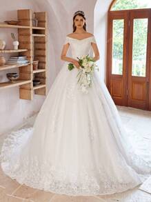 Robe de mariée Empire à l'épaule dénudée avec appliqués perlés élégants (jupon non inclus), robe de mariée pour la mariée