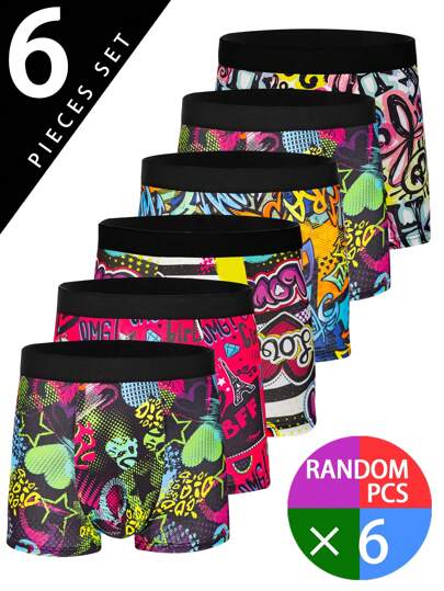 6 piezas de calzoncillos bóxer con diseño gráfico estampado para hombres, diseños de graffiti de aleatoria, incluye un patrón aleatorio de graffiti navideño