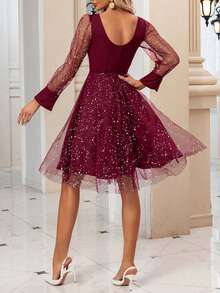 Women's Sparkling Mesh Long Sleeve A-Line Midi Dress With V-Neck For Christmas Party Cocktail - Burgundy - View 7