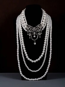 1 Piece Of Vintage Bow Shaped Faux Pearl Multi-Layer Luxury Necklace Suitable For Women's Daily Wear As A Gift Ball Accessory - White - View 2