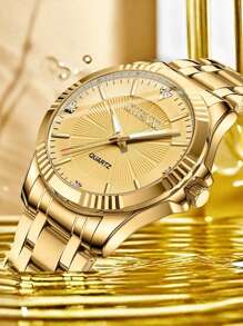 1pc Men's Party Gold-Tone Rhinestone Waterproof Luminous Quartz Wrist Watch