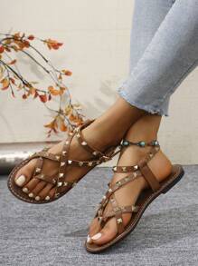 Sandali piatti da donna con borchie, stile punk rock, punta tonda, casual, per esterni, strada, feste, vacanze, estate