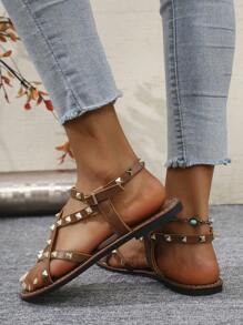 Sandali piatti da donna con borchie, stile punk rock, punta tonda, casual, per esterni, strada, feste, vacanze, estate