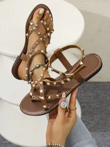 Sandali piatti da donna con borchie, stile punk rock, punta tonda, casual, per esterni, strada, feste, vacanze, estate