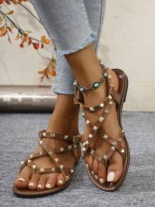 Sandali piatti da donna con borchie, stile punk rock, punta tonda, casual, per esterni, strada, feste, vacanze, estate