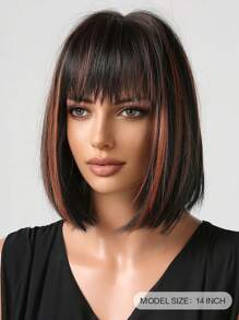 Black Short Bob Wigs With Bangs 14 Inch Black Straight Hair Daily Costume Wig For Women Synthetic Heat Resistant Hair Wigs - Màu nâu highlight - Xem 4