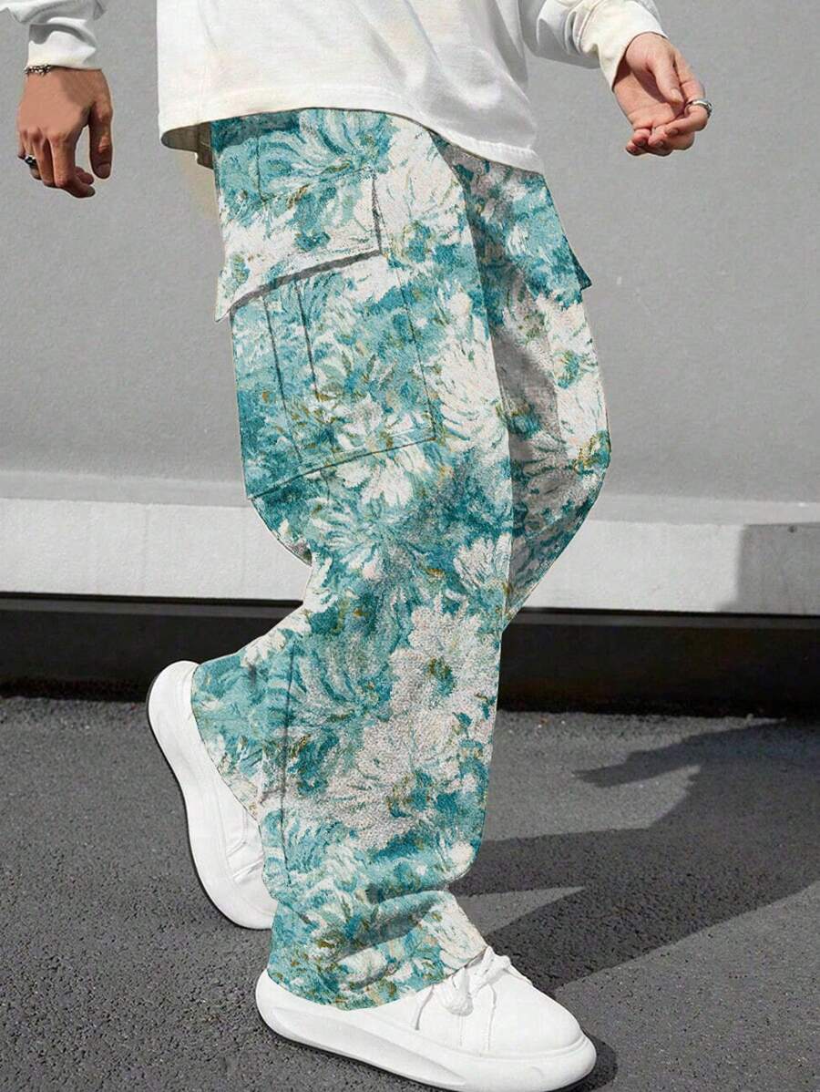 1pc Tween Boy Fashionable Loose Fit Allover Print Casual Straight-Leg Cargo Pants - Blue - View 1