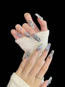 Handmade Green Ombre False Nails With 3D Silver Striped Rhinestone Design, Glossy Ballet Shape Chic And Sweet False Nails Suitable For Women And Girls Handmade Press On Nails - Multicolor - View 5