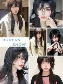 26 Inch Long Anime-Style Wolf-Tail Mullet Head Wigs With Bangs Synthetic Straight Women And Girls Black Long Hair Wig For Daily Party Cosplay Wigs - Multicolor - View 10