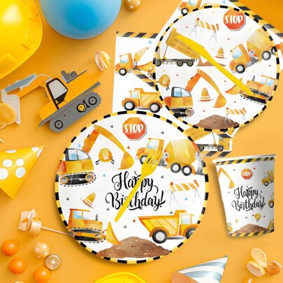 10/20pcs Construction Vehicle Themed Party Supplies, Including 7"/9" Paper Plates With 2 Different Construction Vehicle Cartoon Patterns, Matching Napkins, And Cups. Suitable For Birthday Parties, Family Gatherings, Anniversaries, Picnics, Reunions