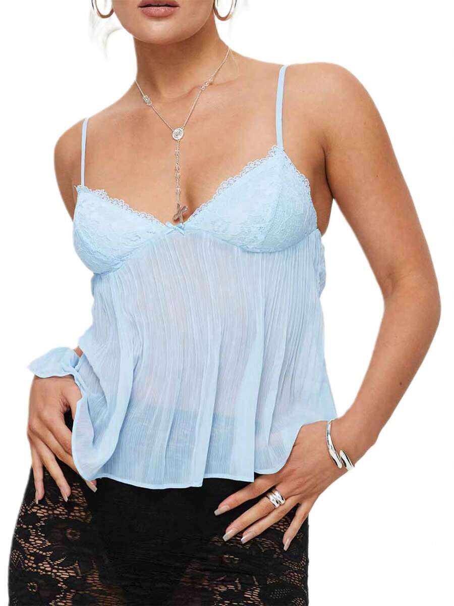 Women's Pleated Camisole Mini Bowknot Front Spaghetti Strap V-Neck Lace Cropped Tops - Blue - View 1
